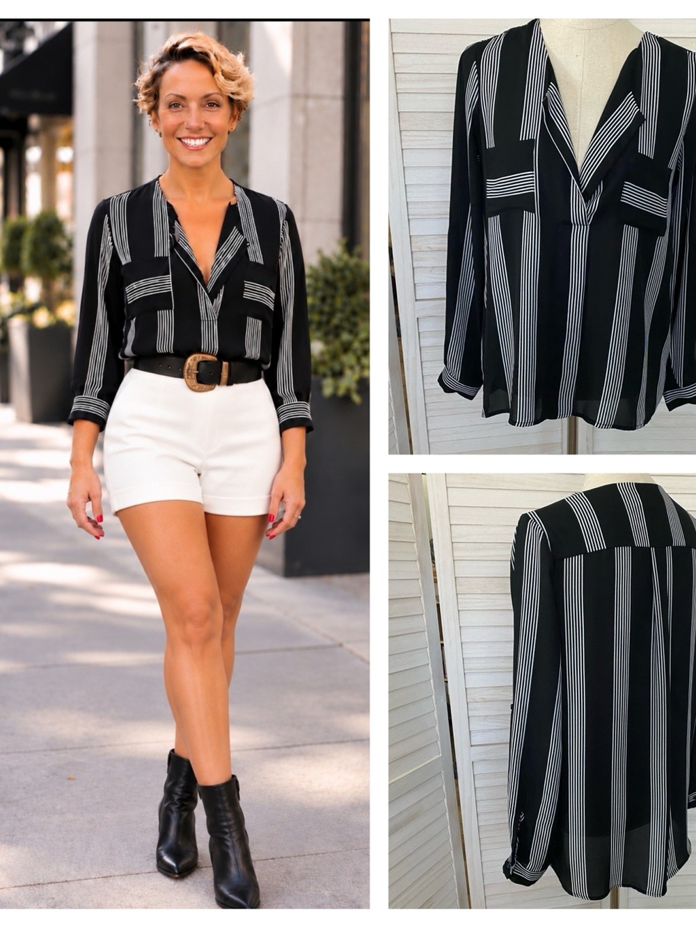 Hippie Rose Black and White Vertical Stripe V-Neck Blouse SZ M Office Casual